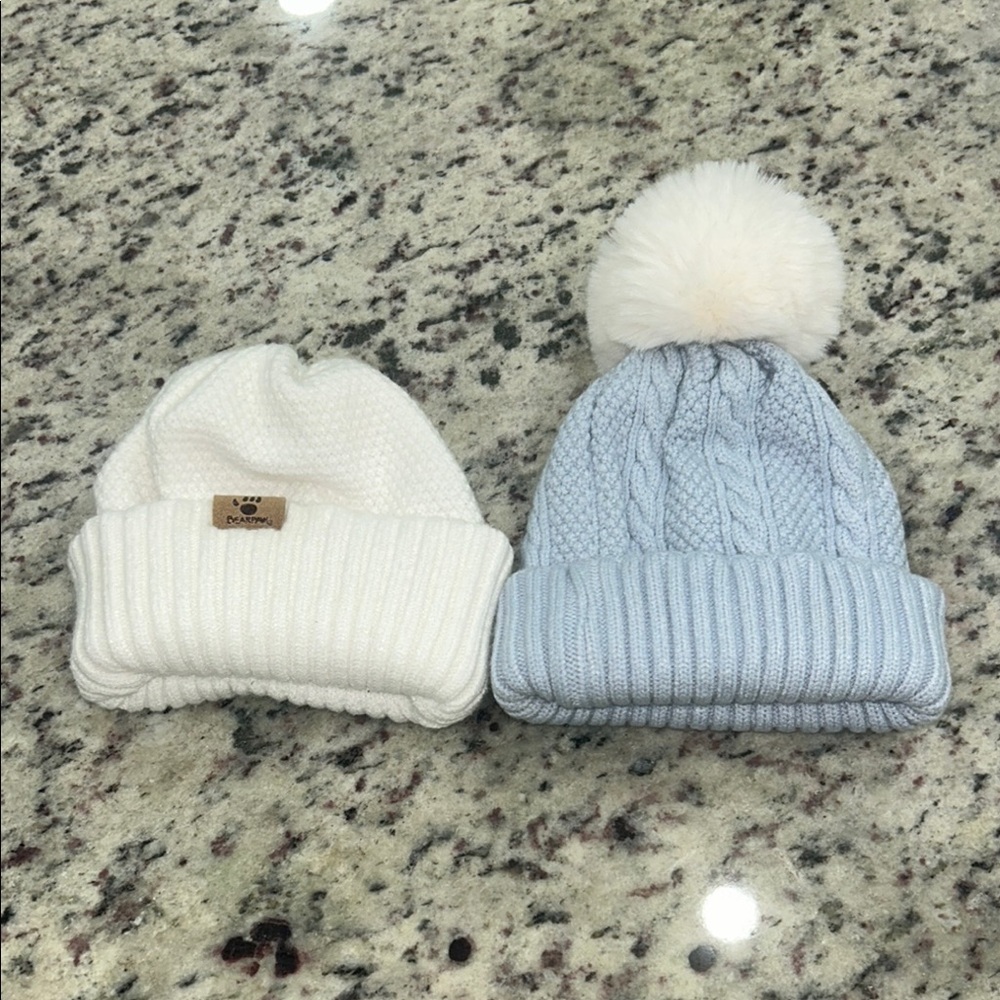 Cozy Kids Knit Beanie Set - White and Blue